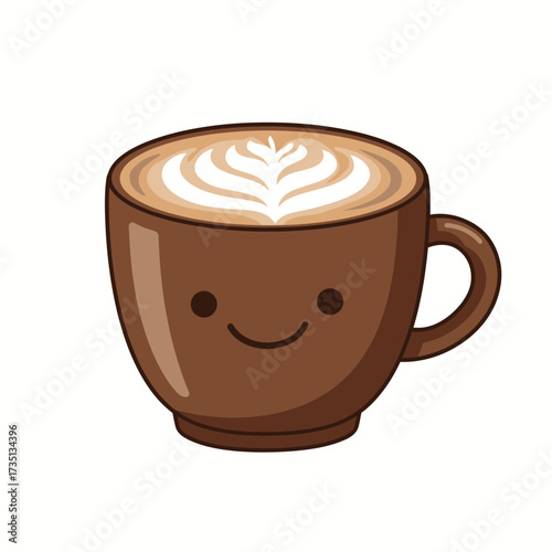 Cute smiling cappuccino cup with latte art foam – kawaii coffee design illustration for café branding