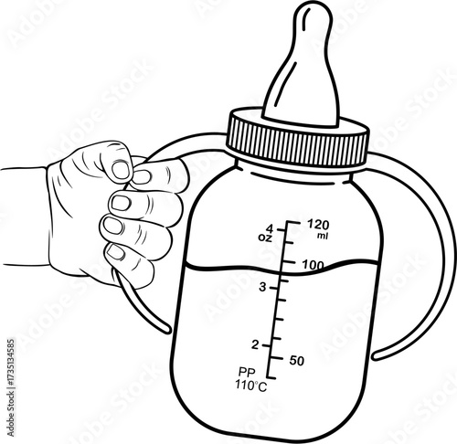 Baby's hand holding a feeding bottle with handles, black and white line art illustration