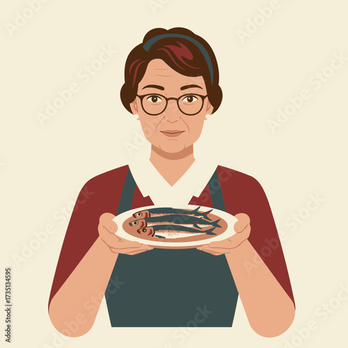 Happy woman enjoying fish dish illustration for seafood cuisine, dining lifestyle, and healthy nutrition promotion
