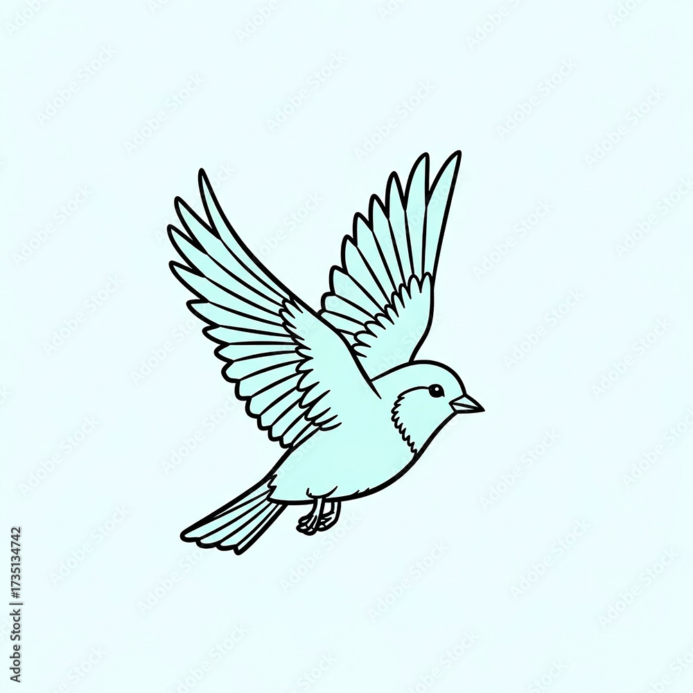 Obraz premium Illustration of a light blue bird in flight with black outlines.