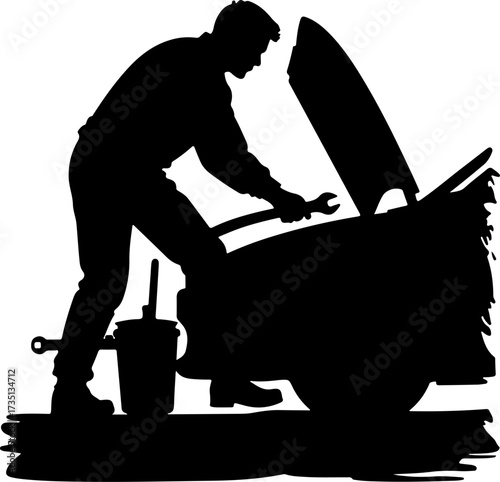 Car mechanic in action full body with engraving style black color only 