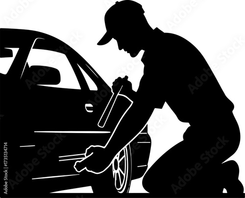 Car mechanic in action full body with engraving style black color only 