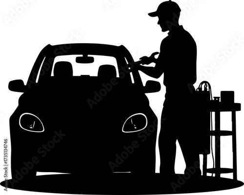 Car mechanic in action full body with engraving style black color only 