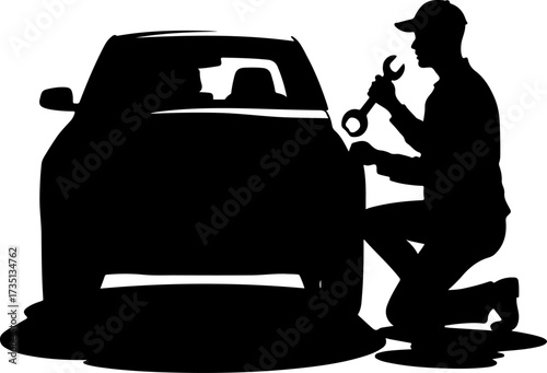 Car mechanic in action full body with engraving style black color only 