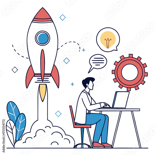 Man working on laptop with rocket launch and idea generation symbols computer desk