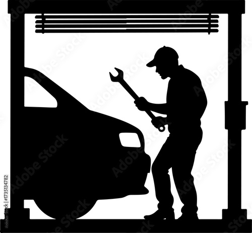 Car mechanic in action full body with engraving style black color only 