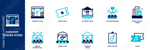 Concert Venues Blue Colored Outline Icon Set