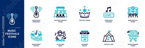 Music Festivals Blue Colored Outline Icon Set