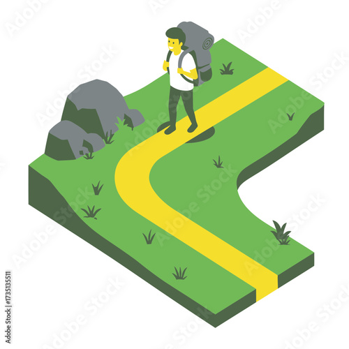 Hiking trail with person walking illustration for outdoor adventure, fitness, travel lifestyle, and eco-tourism design