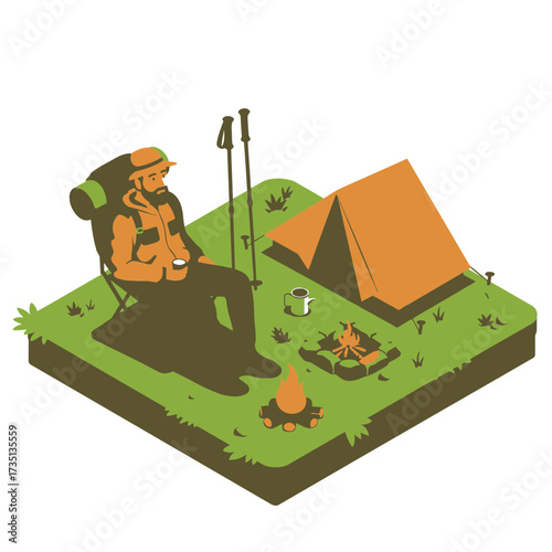 Isometric camping site illustration with tent and trees for outdoor adventure, hiking, and travel vacation concepts