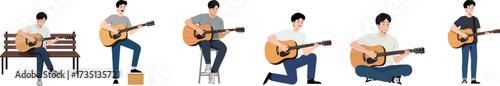 Man playing guitar in various poses, creative musical performance and artistic expression