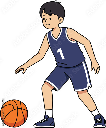 Vector art of a young boy playing basketball, an athlete dribbling the ball in his uniform
