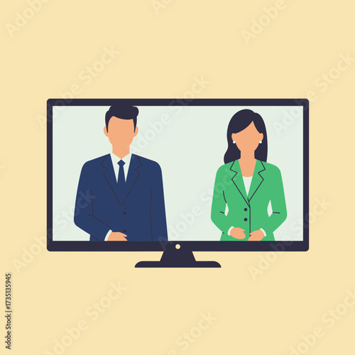 Business news anchors on television screen illustration for media, communication, and journalism stock concepts