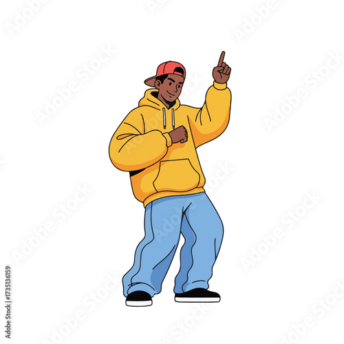 2D flat vector illustration of a gilpy teenage boy in oversized hoodie and cap, pointing one finger up while bouncing his body in rhythm