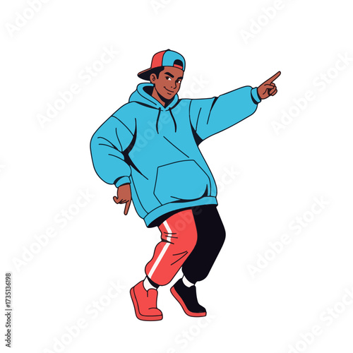 2D flat vector illustration of a gilpy teenage boy in oversized hoodie and cap, pointing one finger up while bouncing his body in rhythm