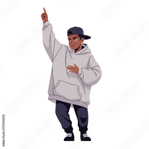2D flat vector illustration of a gilpy teenage boy in oversized hoodie and cap, pointing one finger up while bouncing his body in rhythm