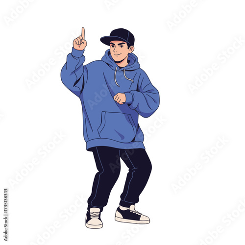 2D flat vector illustration of a gilpy teenage boy in oversized hoodie and cap, pointing one finger up while bouncing his body in rhythm