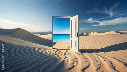 Open door in sandy desert revealing turquoise water, symbolizing opportunity and imagination.