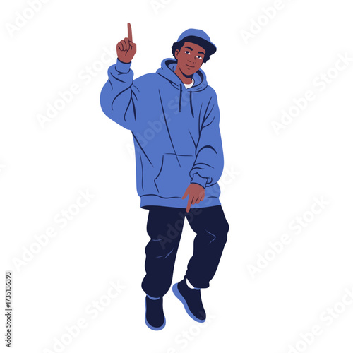 2D flat vector illustration of a gilpy teenage boy in oversized hoodie and cap, pointing one finger up while bouncing his body in rhythm