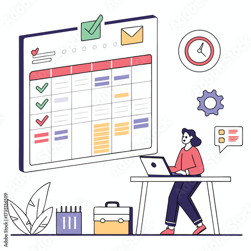 Woman works on laptop near a large calendar with tasks and checkmarks planner schedule