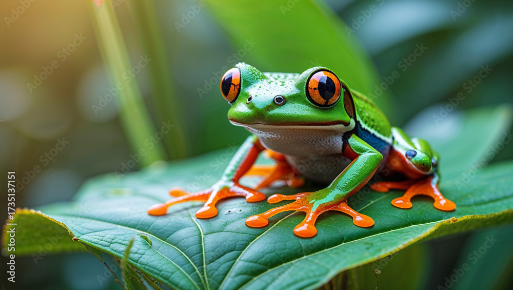 Fototapeta premium Red eyed tree frog on green leaf, symbolizing wildlife, tropical rainforest, and nature photography.