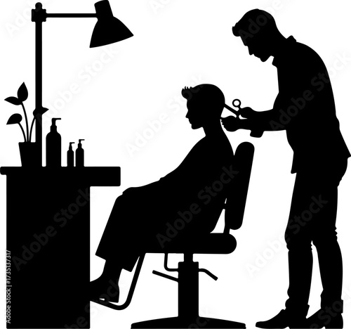 Black colour silhouette of a barber cutting hair in a salon on a white background