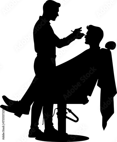Black colour silhouette of a barber cutting hair in a salon on a white background