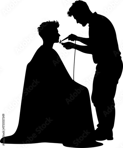 Black colour silhouette of a barber cutting hair in a salon on a white background