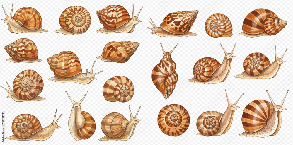 © studio - A collection of various garden snails with detailed brown and striped shells, depicted from multiple angles and perspectives.