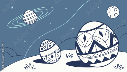 Easter egg hunt in space with planets and stars for kids coloring page and easter design element