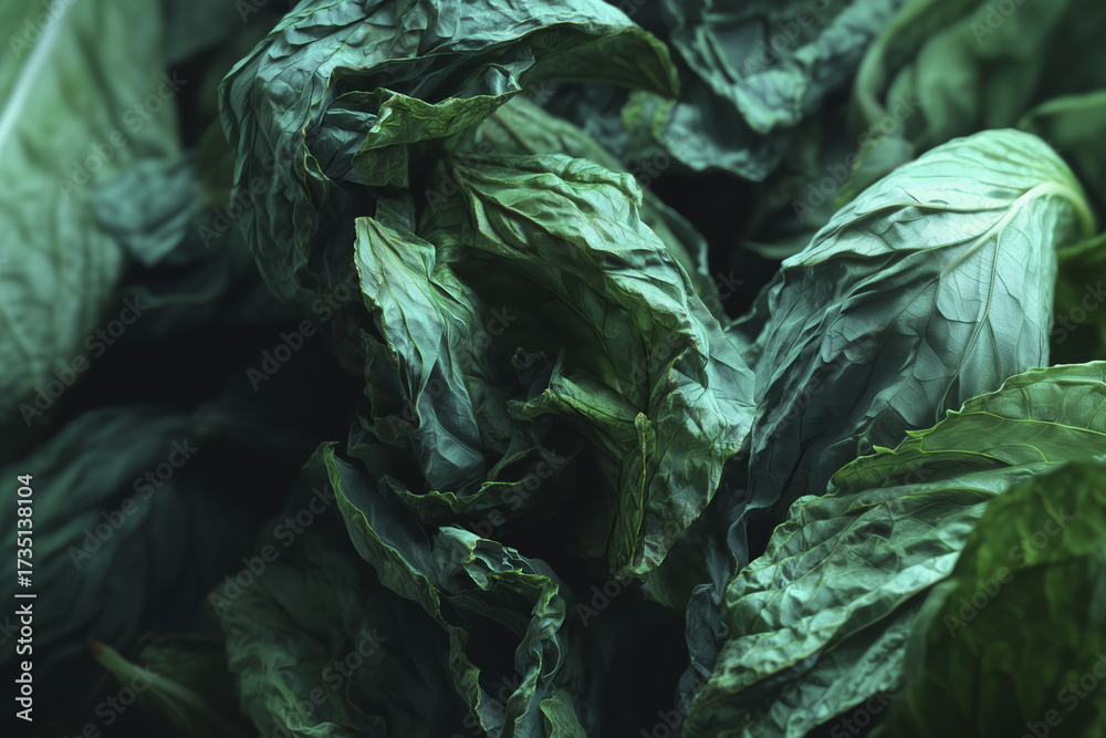 Obraz premium Crushed mint leaves appear wrinkled and distorted, showcasing their vibrant green color and intricate textures. image evokes sense of freshness and natural beauty