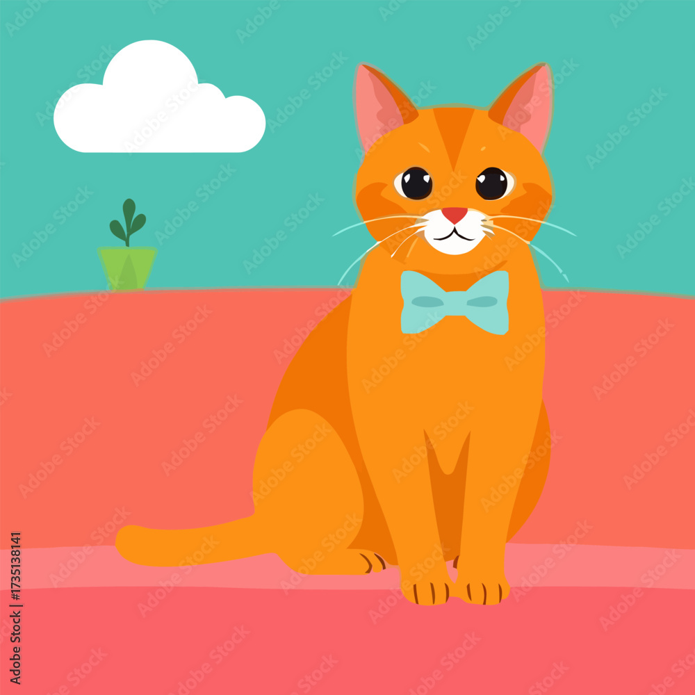 Obraz premium An orange cat with a blue bow tie sits in front of a teal background with a cloud.