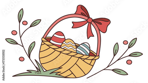Celebrate easter with this cute easter basket filled with decorated eggs and spring foliage vector art