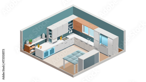 Isometric kitchen design with modern cabinets and island for home interior design inspiration