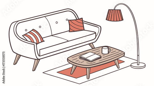 Living room interior design illustration with sofa lamp coffee table and pillows vector art