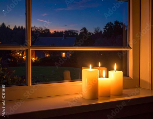 Candles on Windowsill at Dusk.