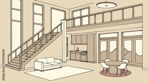 Modern home interior design showcasing staircase living room and kitchen area with loft windows and furniture