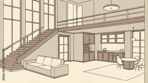 Modern interior design living room kitchen staircase drawing illustration vector design home decor