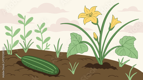 Illustration of fresh zucchini harvest in garden with yellow flowers and green plants background