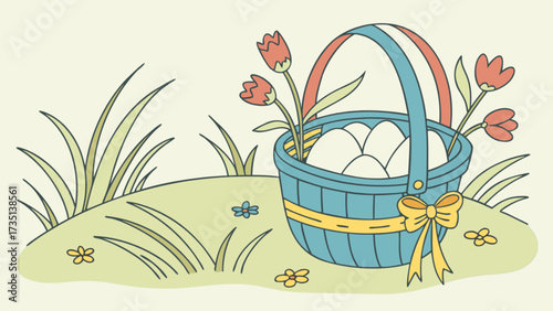 Find easter egg hunt basket with tulips and bow vector illustration for spring holiday fun day