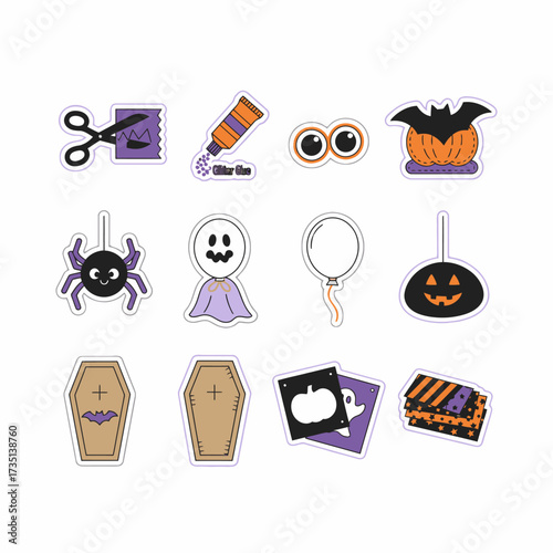 A delightful collection of cute Halloween-themed stickers featuring spooky elements such as ghosts, spiders, bats, and pumpkins, ideal for crafting.