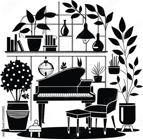 Silhouette music room with grand piano plants and seating cozy atmosphere vector