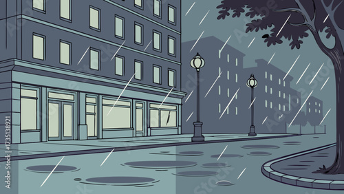 Cartoon rainy city street scene illustration with buildings streetlights and tree for design assets