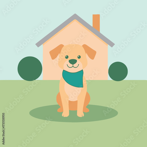 A cute golden retriever dog wearing a teal bandana sits happily in front of a house with two green bushes.
