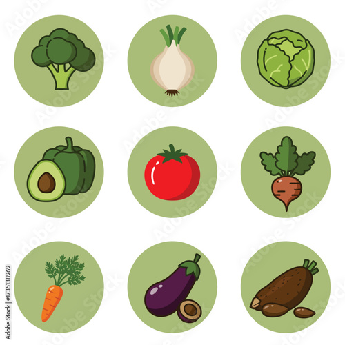 A collection of nine circular icons featuring colorful illustrations of fresh, healthy vegetables, including broccoli, onion, cabbage, avocado, tomato, beet,...