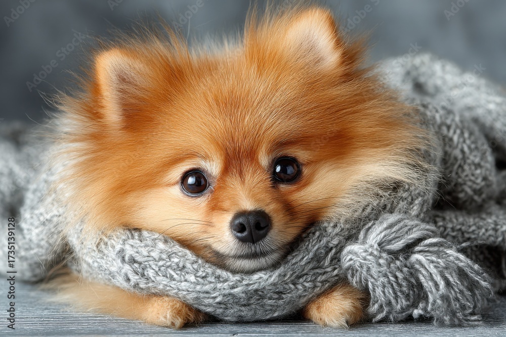 Obraz premium Pomeranian Puppy Wrapped in a Gray Scarf, Conveying Comfort and Pet Adoption, Perfect for Animal Shelter Campaigns and Veterinary Promotions : Generative AI