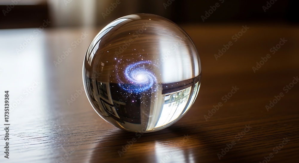Fototapeta premium Glass Sphere Reflecting a Swirling Blue Light on a Wooden Surface.
