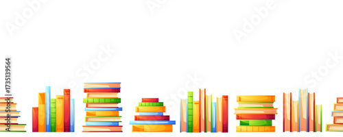 A horizontal seamless pattern of stacked books in different colors. A vibrant design, perfect for a bookstore, library, literary event, or in store sales.