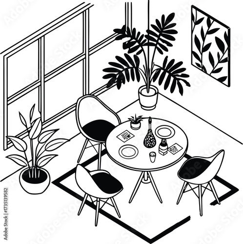 Modern dining room setup silhouette with table chairs and plants vector