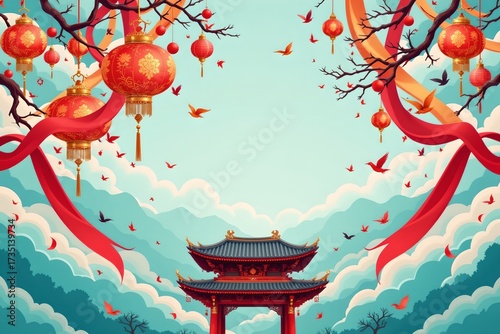 Ceremonial lanterns and flowing banners scenic mountain view artistic illustration vibrant atmosphere aerial perspective